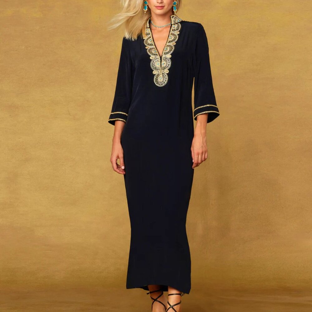 Nicoblu Noor Black long tunic dress with gold and turquoise embellishments